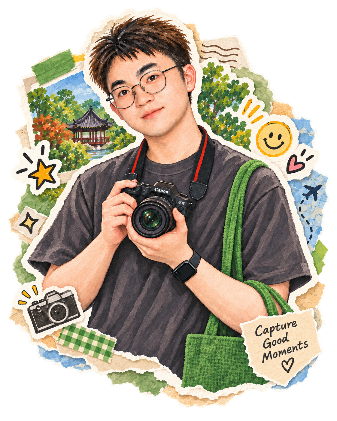 Qingping holding a camera in a hand-drawn scrapbook portrait